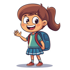 Happy School Girl with Backpack - Cartoon