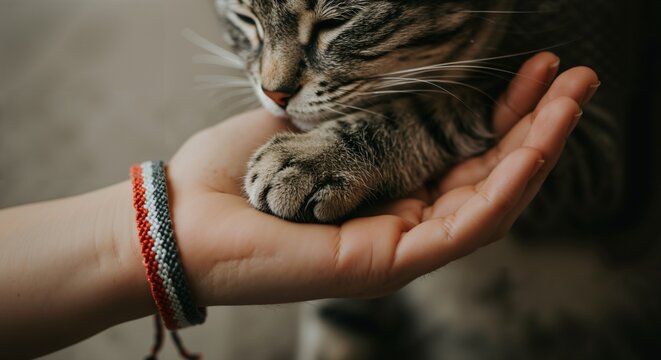 Cute Tabby Cat Resting on Human Hand with Colorful Bracelet - Adorable Pet Interaction
