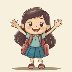 Happy School Girl with Backpack - Cartoon