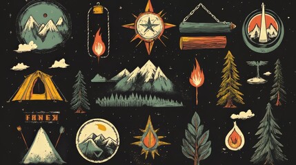 Collection of vintage camping and adventure emblem graphics