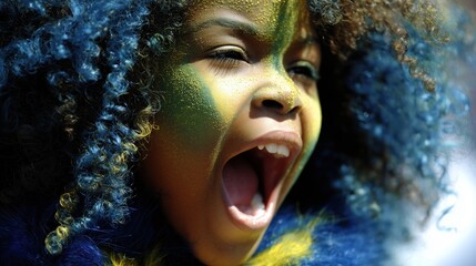 Young child with vibrant blue and yellow face paint joyfully celebrating, showcasing excitement and energy during a festive event, embodying the spirit of independence and cultural pride