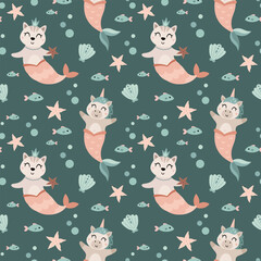 Cute mermaid seamless pattern. Adorable sea pattern for kids. Whimsical ocean paper, hand drawn vector design in flat style