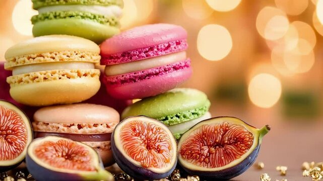 A colorful assortment of macarons alongside halved fresh figs, with a blurred, warm background.