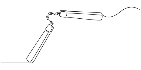 continuous line of nunchaku.drawing of one line of the traditional martial arts tool nunchaku.single line of two sticks connected by a chain or rope, nunchaku martial arts weapon vector, white back.