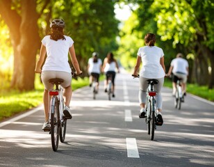 Obraz premium People biking and walking on a road lined with trees, no cars in sight.
