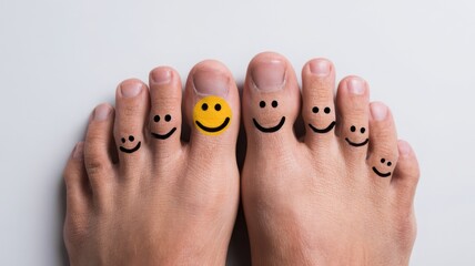 Close up of toes with smiley faces drawn on them against a white background
