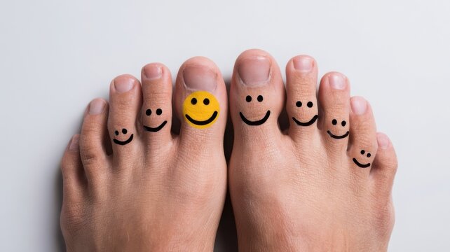 Close up of toes with smiley faces drawn on them against a white background
