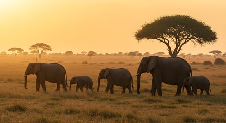 Family of majestic African elephants walking across golden savanna at sunset, warm soft lighting, clouds of dust rising in the background, symbolizing unity and protection.