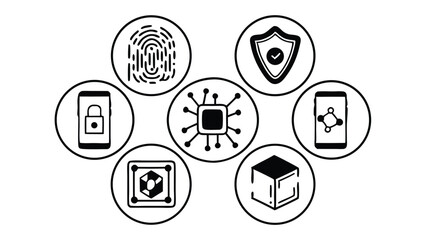 Fototapeta premium Black and white icons representing security and technology in circular arrangements displayed together