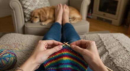 Cozy Indoor Setting: Woman Knitting with Golden Retriever in Living Room