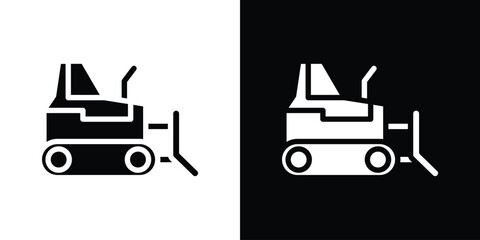 Bulldozer icon in flat black solid vector set
