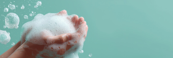 Soapy hands create protective foam barrier against floating coronavirus particles in background.