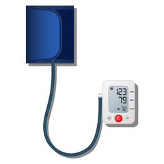 Digital blood pressure monitor with cuff isolated on white background realistic 3d vector medical electronic device top view, mockup for medical banner, poster or presentation.