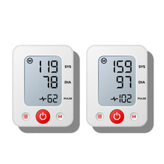 Digital blood pressure monitor two devices top view isolated on white background, showing high and low blood pressure levels realistic 3d vector clipart,