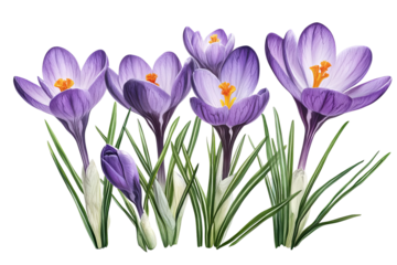 High-resolution isolated crocus flower cluster PNG cutout on transparent background for spring floral overlays, greeting cards, scrapbooking, wedding invitations, and elegant botanical design projects