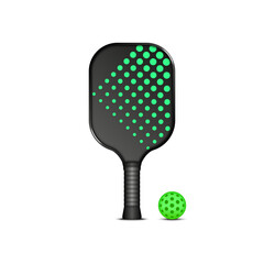 Pickleball racket with neon green dot pattern and green ball front view, isolated realistic 3d vector illustration for sports equipment, active lifestyle, outdoor games and paddle sport custom model.