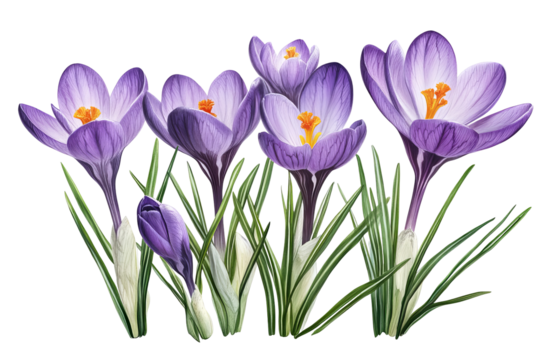High-resolution isolated crocus flower cluster PNG cutout on transparent background for spring floral overlays, greeting cards, scrapbooking, wedding invitations, and elegant botanical design projects