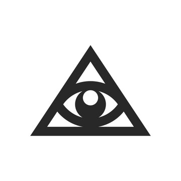Mystical triangle eye logo with modern black and white negative space flat design, triangular geometric shapes and abstract sacred for esoteric, spiritual, vision branding.