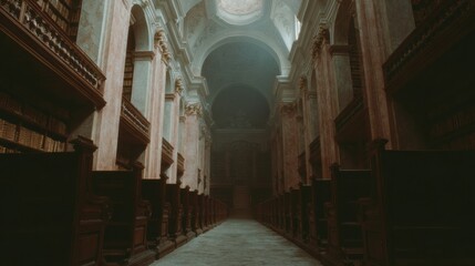Obraz premium Dark Academia Atmospheric Library Interior with Ornate Railings, Antique Artifacts, and Timeless Scholarly Ambiance for Heritage Education and Deep Study Promotion