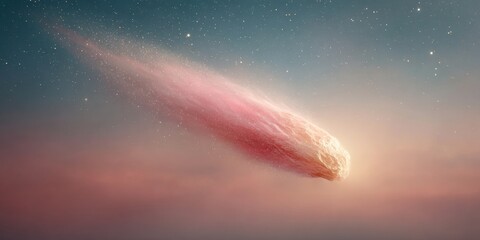Fototapeta premium Celestial comet streaking across starry twilight sky with glowing pink trail, capturing rare cosmic moment for astronomy marketing and dream inspiration