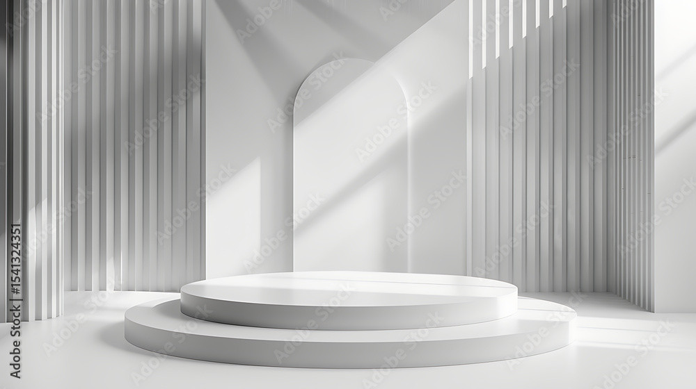 Poster a minimalist white podium stands in a modern studio with geometric shapes and soft shadows creating 
