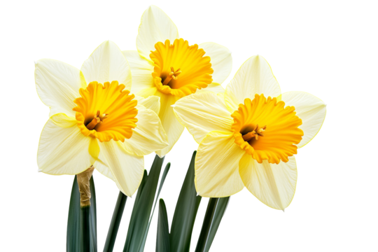 High-resolution daffodil flower cluster isolated on transparent background — detailed PNG botanical cutout ideal for spring floral overlays, wedding invitations, greeting cards and scrapbooking