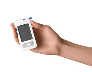 Woman holding digital glucometer on white background