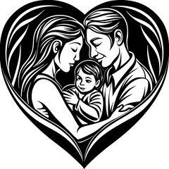 Heart shaped family portrait black and white illustration