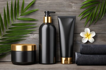 Black cosmetic bottles and tubes resting on wooden table with tropical leaves