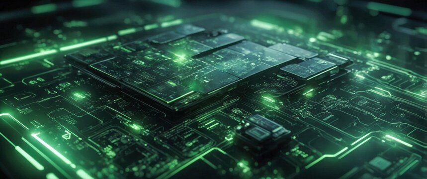 Intricate circuit board design illuminated with green lights in modern technology setup