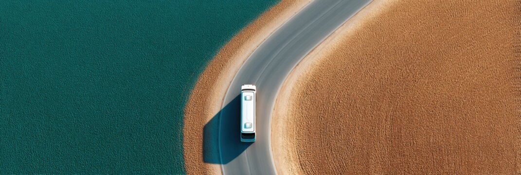 Modern Bus Traveling Solo on Open Road Through Countryside with Clear Sky - Travel Freedom and Flexible Charter Transportation Concept
