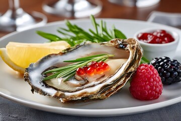 Fresh oyster decorated with rosemary and salmon roe on elegant plate
