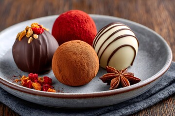 Delicious chocolate truffles decorated with cocoa, spices and freeze dried raspberries resting on ceramic plate