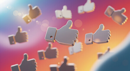 3D Render of Thumbs-Up Icons Floating in a Colorful Abstract Background
