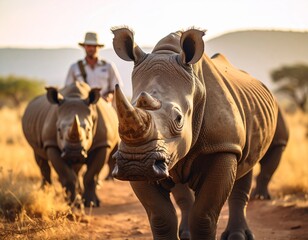 Obraz premium A group of endangered rhinos with a ranger standing nearby.
