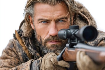 Hunter aiming with rifle scope in snowy wilderness