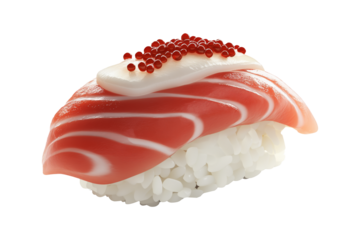 Salmon nigiri sushi with bright red roe, isolated on white transparent background, concept of traditional Japanese cuisine