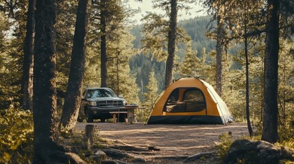 Cozy camping setup with tent and a car for a relaxing outdoor experience