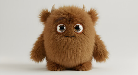 A Cute And Fluffy Brown Monster With Big Eyes And Horns In A White Background