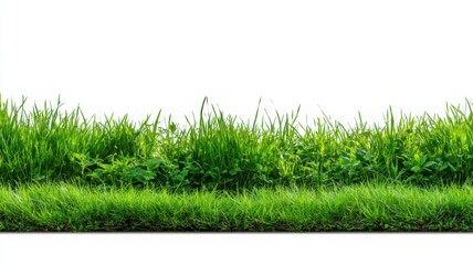 A close up view of a patch of green grass against a bright white background