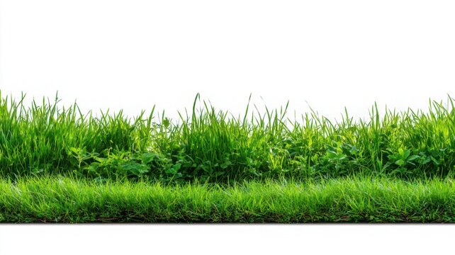 A close up view of a patch of green grass against a bright white background