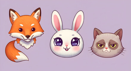 Obraz premium Adorable Cartoon Fox, Rabbit, and Cat with Expressive Faces on a Purple Background