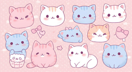 Obraz premium Adorable Kawaii Cartoon Cats in Pastel Colors with a Pink Background