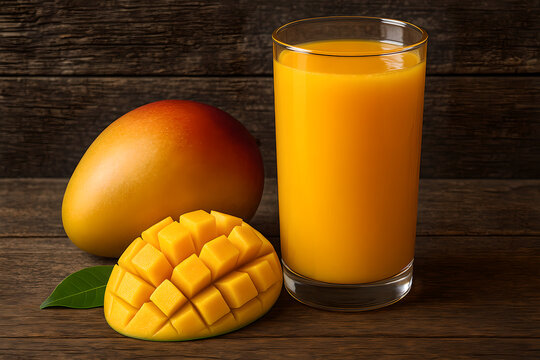 A glass of mango juice with whole and cut mangoes on a wooden surface in soft lighting