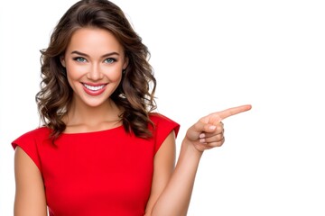 Happy beautiful woman pointing finger showing something on white background