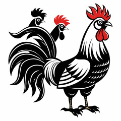"Set of six black and white vector illustrations of roosters, each in a unique standing pose with detailed feather patterns, prominent tails, and distinct combs. Stylized in a bold, high-contrast wood