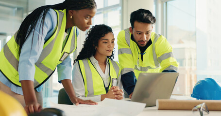 Architecture, discussion and people with teamwork, laptop and planning for construction project....