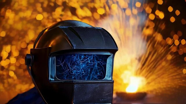 A welding helmet in front of a bright, fiery background filled with sparks.