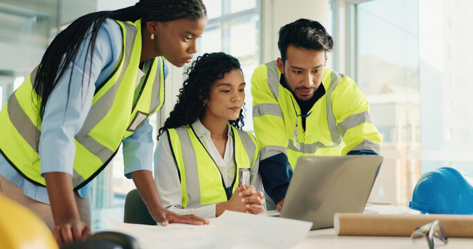 Architecture, discussion and people with teamwork, laptop and planning for construction project. Engineering, group or employees in office, pc or collaboration with design, internet or floor plan