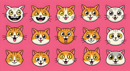 Collection of cute cartoon cat faces with various expressions on a pink background